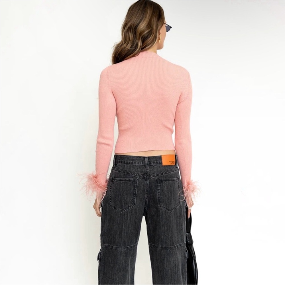 Torn by Ronny Kobo pink feather sleeve mock neck sweater NWT - Picture 2 of 9